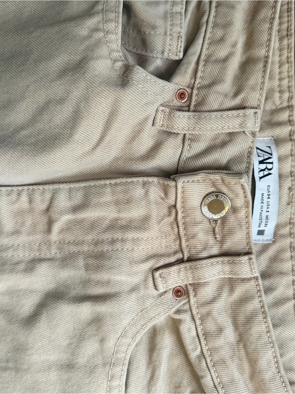 ZARA Sand-Tone Straight Leg Jeans with Gold Button